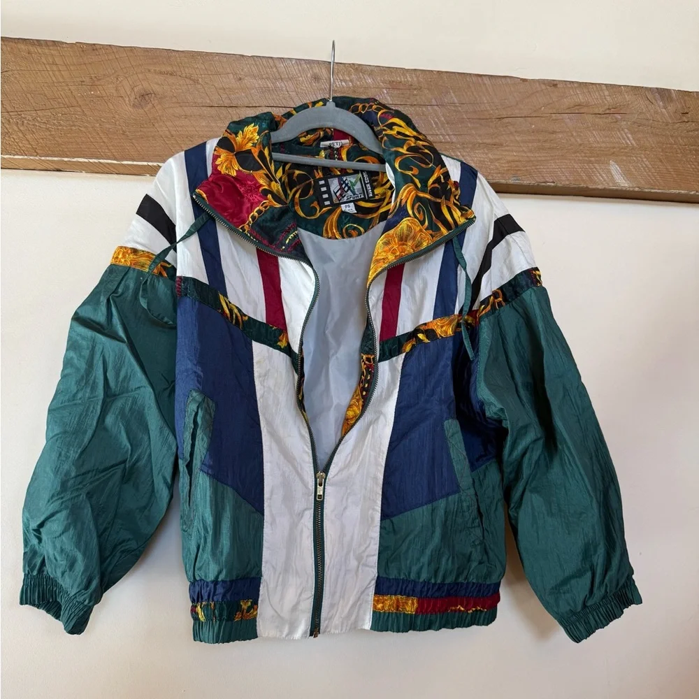 Retro Colorblock Bomber Jacket - Green, Navy & White - Picture 2 of 4